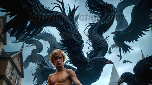 AI male art photos with a fantastical atmosphere. Imagine a Hogwarts School of Witchcraft student, from the Harry Potter series, a handsome, beautiful, and attractive, shirtless young teenage boy, standing firm against a threat. With a detailed Hogwarts castle background, casting a powerful spell, conjuring creatures based on their assigned house crest. From Demonic snakes, powerful lions, fierce badgers, or a murder of Crows. Dementors floating ominously in a cloudy sky, and sparks, shadows, and cinematic lighting, offering an otherworldly vibe.