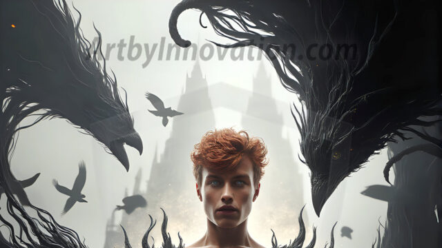 AI male art photos with a fantastical atmosphere. Imagine a Hogwarts School of Witchcraft student, from the Harry Potter series, a handsome, beautiful, and attractive, shirtless young teenage boy, standing firm against a threat. With a detailed Hogwarts castle background, casting a powerful spell, conjuring creatures based on their assigned house crest. From Demonic snakes, powerful lions, fierce badgers, or a murder of Crows. Dementors floating ominously in a cloudy sky, and sparks, shadows, and cinematic lighting, offering an otherworldly vibe.