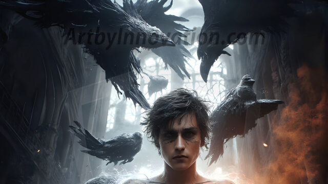 AI male art photos with a fantastical atmosphere. Imagine a Hogwarts School of Witchcraft student, from the Harry Potter series, a handsome, beautiful, and attractive, shirtless young teenage boy, standing firm against a threat. With a detailed Hogwarts castle background, casting a powerful spell, conjuring creatures based on their assigned house crest. From Demonic snakes, powerful lions, fierce badgers, or a murder of Crows. Dementors floating ominously in a cloudy sky, and sparks, shadows, and cinematic lighting, offering an otherworldly vibe.