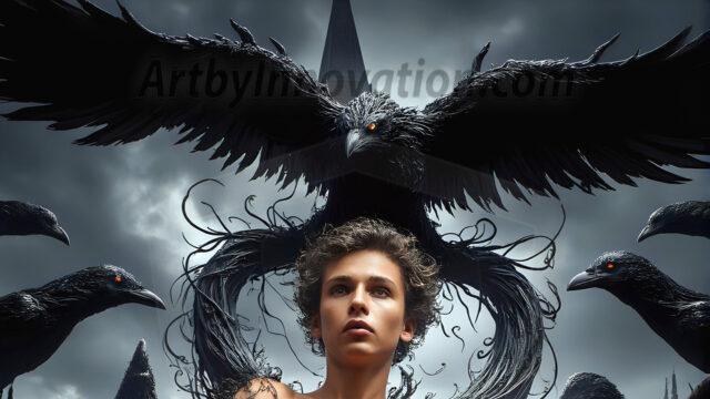 AI male art photos with a fantastical atmosphere. Imagine a Hogwarts School of Witchcraft student, from the Harry Potter series, a handsome, beautiful, and attractive, shirtless young teenage boy, standing firm against a threat. With a detailed Hogwarts castle background, casting a powerful spell, conjuring creatures based on their assigned house crest. From Demonic snakes, powerful lions, fierce badgers, or a murder of Crows. Dementors floating ominously in a cloudy sky, and sparks, shadows, and cinematic lighting, offering an otherworldly vibe.