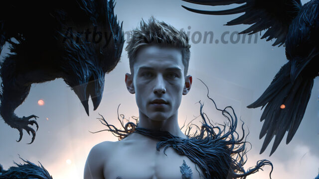 AI male art photos with a fantastical atmosphere. Imagine a Hogwarts School of Witchcraft student, from the Harry Potter series, a handsome, beautiful, and attractive, shirtless young teenage boy, standing firm against a threat. With a detailed Hogwarts castle background, casting a powerful spell, conjuring creatures based on their assigned house crest. From Demonic snakes, powerful lions, fierce badgers, or a murder of Crows. Dementors floating ominously in a cloudy sky, and sparks, shadows, and cinematic lighting, offering an otherworldly vibe.