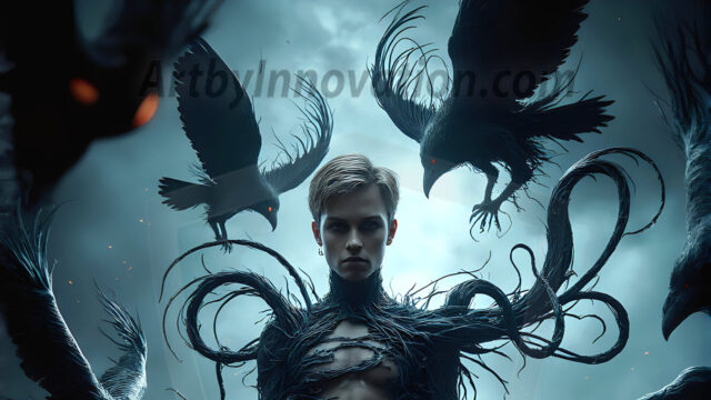 AI male art photos with a fantastical atmosphere. Imagine a Hogwarts School of Witchcraft student, from the Harry Potter series, a handsome, beautiful, and attractive, shirtless young teenage boy, standing firm against a threat. With a detailed Hogwarts castle background, casting a powerful spell, conjuring creatures based on their assigned house crest. From Demonic snakes, powerful lions, fierce badgers, or a murder of Crows. Dementors floating ominously in a cloudy sky, and sparks, shadows, and cinematic lighting, offering an otherworldly vibe.