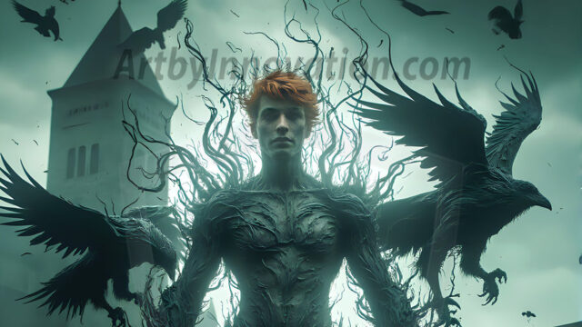 AI male art photos with a fantastical atmosphere. Imagine a Hogwarts School of Witchcraft student, from the Harry Potter series, a handsome, beautiful, and attractive, shirtless young teenage boy, standing firm against a threat. With a detailed Hogwarts castle background, casting a powerful spell, conjuring creatures based on their assigned house crest. From Demonic snakes, powerful lions, fierce badgers, or a murder of Crows. Dementors floating ominously in a cloudy sky, and sparks, shadows, and cinematic lighting, offering an otherworldly vibe.