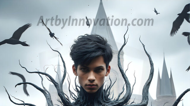 AI male art photos with a fantastical atmosphere. Imagine a Hogwarts School of Witchcraft student, from the Harry Potter series, a handsome, beautiful, and attractive, shirtless young teenage boy, standing firm against a threat. With a detailed Hogwarts castle background, casting a powerful spell, conjuring creatures based on their assigned house crest. From Demonic snakes, powerful lions, fierce badgers, or a murder of Crows. Dementors floating ominously in a cloudy sky, and sparks, shadows, and cinematic lighting, offering an otherworldly vibe.