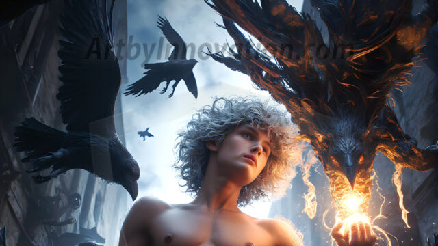 AI male art photos with a fantastical atmosphere. Imagine a Hogwarts School of Witchcraft student, from the Harry Potter series, a handsome, beautiful, and attractive, shirtless young teenage boy, standing firm against a threat. With a detailed Hogwarts castle background, casting a powerful spell, conjuring creatures based on their assigned house crest. From Demonic snakes, powerful lions, fierce badgers, or a murder of Crows. Dementors floating ominously in a cloudy sky, and sparks, shadows, and cinematic lighting, offering an otherworldly vibe.