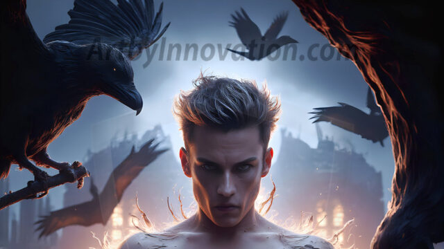 AI male art photos with a fantastical atmosphere. Imagine a Hogwarts School of Witchcraft student, from the Harry Potter series, a handsome, beautiful, and attractive, shirtless young teenage boy, standing firm against a threat. With a detailed Hogwarts castle background, casting a powerful spell, conjuring creatures based on their assigned house crest. From Demonic snakes, powerful lions, fierce badgers, or a murder of Crows. Dementors floating ominously in a cloudy sky, and sparks, shadows, and cinematic lighting, offering an otherworldly vibe.