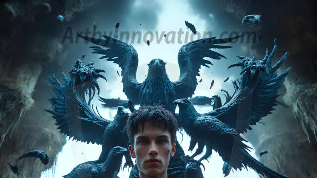 AI male art photos with a fantastical atmosphere. Imagine a Hogwarts School of Witchcraft student, from the Harry Potter series, a handsome, beautiful, and attractive, shirtless young teenage boy, standing firm against a threat. With a detailed Hogwarts castle background, casting a powerful spell, conjuring creatures based on their assigned house crest. From Demonic snakes, powerful lions, fierce badgers, or a murder of Crows. Dementors floating ominously in a cloudy sky, and sparks, shadows, and cinematic lighting, offering an otherworldly vibe.