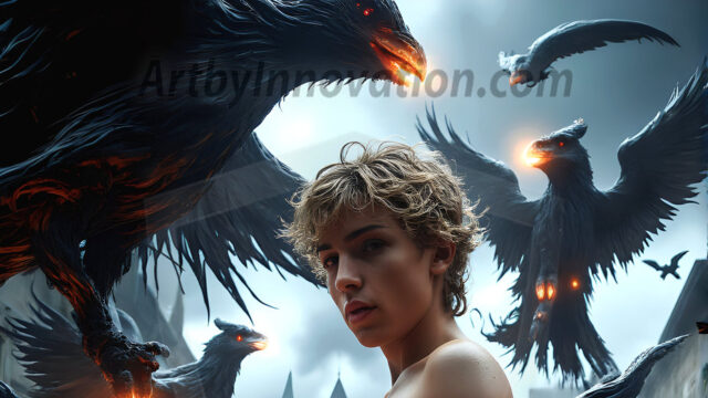 AI male art photos with a fantastical atmosphere. Imagine a Hogwarts School of Witchcraft student, from the Harry Potter series, a handsome, beautiful, and attractive, shirtless young teenage boy, standing firm against a threat. With a detailed Hogwarts castle background, casting a powerful spell, conjuring creatures based on their assigned house crest. From Demonic snakes, powerful lions, fierce badgers, or a murder of Crows. Dementors floating ominously in a cloudy sky, and sparks, shadows, and cinematic lighting, offering an otherworldly vibe.