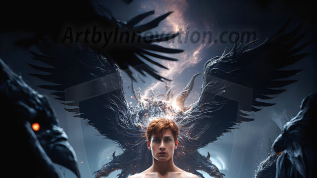 AI male art photos with a fantastical atmosphere. Imagine a Hogwarts School of Witchcraft student, from the Harry Potter series, a handsome, beautiful, and attractive, shirtless young teenage boy, standing firm against a threat. With a detailed Hogwarts castle background, casting a powerful spell, conjuring creatures based on their assigned house crest. From Demonic snakes, powerful lions, fierce badgers, or a murder of Crows. Dementors floating ominously in a cloudy sky, and sparks, shadows, and cinematic lighting, offering an otherworldly vibe.