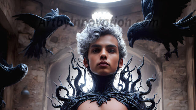 AI male art photos with a fantastical atmosphere. Imagine a Hogwarts School of Witchcraft student, from the Harry Potter series, a handsome, beautiful, and attractive, shirtless young teenage boy, standing firm against a threat. With a detailed Hogwarts castle background, casting a powerful spell, conjuring creatures based on their assigned house crest. From Demonic snakes, powerful lions, fierce badgers, or a murder of Crows. Dementors floating ominously in a cloudy sky, and sparks, shadows, and cinematic lighting, offering an otherworldly vibe.