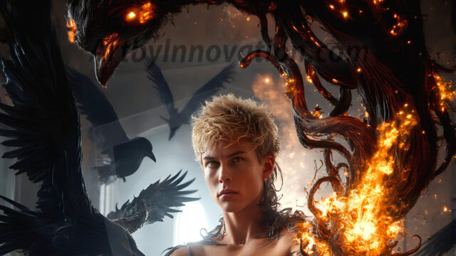 AI male art photos with a fantastical atmosphere. Imagine a Hogwarts School of Witchcraft student, from the Harry Potter series, a handsome, beautiful, and attractive, shirtless young teenage boy, standing firm against a threat. With a detailed Hogwarts castle background, casting a powerful spell, conjuring creatures based on their assigned house crest. From Demonic snakes, powerful lions, fierce badgers, or a murder of Crows. Dementors floating ominously in a cloudy sky, and sparks, shadows, and cinematic lighting, offering an otherworldly vibe.