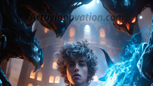 AI male art photos with a fantastical atmosphere. Imagine a Hogwarts School of Witchcraft student, from the Harry Potter series, a handsome, beautiful, and attractive, shirtless young teenage boy, standing firm against a threat. With a detailed Hogwarts castle background, casting a powerful spell, conjuring creatures based on their assigned house crest. From Demonic snakes, powerful lions, fierce badgers, or a murder of Crows. Dementors floating ominously in a cloudy sky, and sparks, shadows, and cinematic lighting, offering an otherworldly vibe.