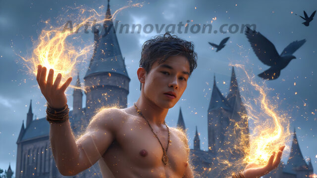 AI male art photos with a fantastical atmosphere. Imagine a Hogwarts School of Witchcraft student, from the Harry Potter series, a handsome, beautiful, and attractive, shirtless young teenage boy, standing firm against a threat. With a detailed Hogwarts castle background, casting a powerful spell, conjuring creatures based on their assigned house crest. From Demonic snakes, powerful lions, fierce badgers, or a murder of Crows. Dementors floating ominously in a cloudy sky, and sparks, shadows, and cinematic lighting, offering an otherworldly vibe.