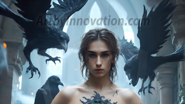 AI male art photos with a fantastical atmosphere. Imagine a Hogwarts School of Witchcraft student, from the Harry Potter series, a handsome, beautiful, and attractive, shirtless young teenage boy, standing firm against a threat. With a detailed Hogwarts castle background, casting a powerful spell, conjuring creatures based on their assigned house crest. From Demonic snakes, powerful lions, fierce badgers, or a murder of Crows. Dementors floating ominously in a cloudy sky, and sparks, shadows, and cinematic lighting, offering an otherworldly vibe.