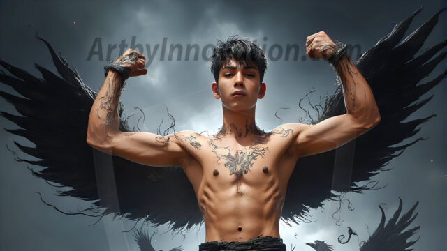 AI male art photos with a fantastical atmosphere. Imagine a Hogwarts School of Witchcraft student, from the Harry Potter series, a handsome, beautiful, and attractive, shirtless young teenage boy, standing firm against a threat. With a detailed Hogwarts castle background, casting a powerful spell, conjuring creatures based on their assigned house crest. From Demonic snakes, powerful lions, fierce badgers, or a murder of Crows. Dementors floating ominously in a cloudy sky, and sparks, shadows, and cinematic lighting, offering an otherworldly vibe.