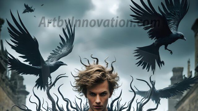 AI male art photos with a fantastical atmosphere. Imagine a Hogwarts School of Witchcraft student, from the Harry Potter series, a handsome, beautiful, and attractive, shirtless young teenage boy, standing firm against a threat. With a detailed Hogwarts castle background, casting a powerful spell, conjuring creatures based on their assigned house crest. From Demonic snakes, powerful lions, fierce badgers, or a murder of Crows. Dementors floating ominously in a cloudy sky, and sparks, shadows, and cinematic lighting, offering an otherworldly vibe.