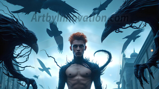 AI male art photos with a fantastical atmosphere. Imagine a Hogwarts School of Witchcraft student, from the Harry Potter series, a handsome, beautiful, and attractive, shirtless young teenage boy, standing firm against a threat. With a detailed Hogwarts castle background, casting a powerful spell, conjuring creatures based on their assigned house crest. From Demonic snakes, powerful lions, fierce badgers, or a murder of Crows. Dementors floating ominously in a cloudy sky, and sparks, shadows, and cinematic lighting, offering an otherworldly vibe.
