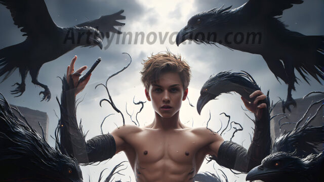 AI male art photos with a fantastical atmosphere. Imagine a Hogwarts School of Witchcraft student, from the Harry Potter series, a handsome, beautiful, and attractive, shirtless young teenage boy, standing firm against a threat. With a detailed Hogwarts castle background, casting a powerful spell, conjuring creatures based on their assigned house crest. From Demonic snakes, powerful lions, fierce badgers, or a murder of Crows. Dementors floating ominously in a cloudy sky, and sparks, shadows, and cinematic lighting, offering an otherworldly vibe.