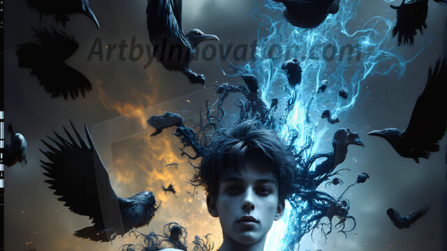 AI male art photos with a fantastical atmosphere. Imagine a Hogwarts School of Witchcraft student, from the Harry Potter series, a handsome, beautiful, and attractive, shirtless young teenage boy, standing firm against a threat. With a detailed Hogwarts castle background, casting a powerful spell, conjuring creatures based on their assigned house crest. From Demonic snakes, powerful lions, fierce badgers, or a murder of Crows. Dementors floating ominously in a cloudy sky, and sparks, shadows, and cinematic lighting, offering an otherworldly vibe.