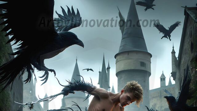 AI male art photos with a fantastical atmosphere. Imagine a Hogwarts School of Witchcraft student, from the Harry Potter series, a handsome, beautiful, and attractive, shirtless young teenage boy, standing firm against a threat. With a detailed Hogwarts castle background, casting a powerful spell, conjuring creatures based on their assigned house crest. From Demonic snakes, powerful lions, fierce badgers, or a murder of Crows. Dementors floating ominously in a cloudy sky, and sparks, shadows, and cinematic lighting, offering an otherworldly vibe.