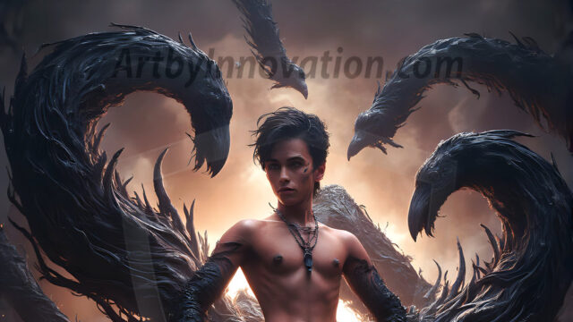 AI male art photos with a fantastical atmosphere. Imagine a Hogwarts School of Witchcraft student, from the Harry Potter series, a handsome, beautiful, and attractive, shirtless young teenage boy, standing firm against a threat. With a detailed Hogwarts castle background, casting a powerful spell, conjuring creatures based on their assigned house crest. From Demonic snakes, powerful lions, fierce badgers, or a murder of Crows. Dementors floating ominously in a cloudy sky, and sparks, shadows, and cinematic lighting, offering an otherworldly vibe.
