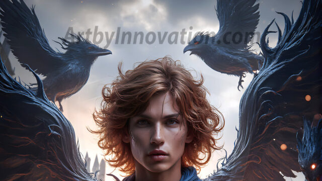 AI male art photos with a fantastical atmosphere. Imagine a Hogwarts School of Witchcraft student, from the Harry Potter series, a handsome, beautiful, and attractive, shirtless young teenage boy, standing firm against a threat. With a detailed Hogwarts castle background, casting a powerful spell, conjuring creatures based on their assigned house crest. From Demonic snakes, powerful lions, fierce badgers, or a murder of Crows. Dementors floating ominously in a cloudy sky, and sparks, shadows, and cinematic lighting, offering an otherworldly vibe.