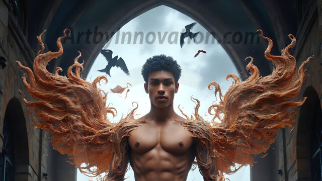 AI male art photos with a fantastical atmosphere. Imagine a Hogwarts School of Witchcraft student, from the Harry Potter series, a handsome, beautiful, and attractive, shirtless young teenage boy, standing firm against a threat. With a detailed Hogwarts castle background, casting a powerful spell, conjuring creatures based on their assigned house crest. From Demonic snakes, powerful lions, fierce badgers, or a murder of Crows. Dementors floating ominously in a cloudy sky, and sparks, shadows, and cinematic lighting, offering an otherworldly vibe.