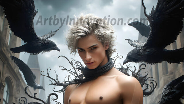 AI male art photos with a fantastical atmosphere. Imagine a Hogwarts School of Witchcraft student, from the Harry Potter series, a handsome, beautiful, and attractive, shirtless young teenage boy, standing firm against a threat. With a detailed Hogwarts castle background, casting a powerful spell, conjuring creatures based on their assigned house crest. From Demonic snakes, powerful lions, fierce badgers, or a murder of Crows. Dementors floating ominously in a cloudy sky, and sparks, shadows, and cinematic lighting, offering an otherworldly vibe.