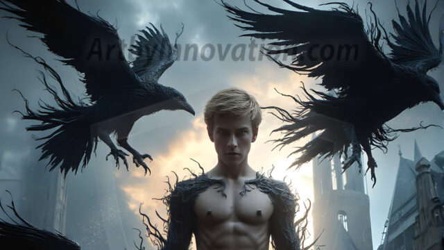 AI male art photos with a fantastical atmosphere. Imagine a Hogwarts School of Witchcraft student, from the Harry Potter series, a handsome, beautiful, and attractive, shirtless young teenage boy, standing firm against a threat. With a detailed Hogwarts castle background, casting a powerful spell, conjuring creatures based on their assigned house crest. From Demonic snakes, powerful lions, fierce badgers, or a murder of Crows. Dementors floating ominously in a cloudy sky, and sparks, shadows, and cinematic lighting, offering an otherworldly vibe.