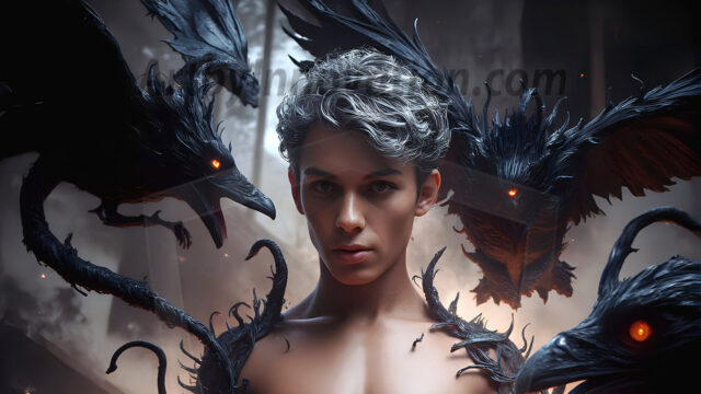 AI male art photos with a fantastical atmosphere. Imagine a Hogwarts School of Witchcraft student, from the Harry Potter series, a handsome, beautiful, and attractive, shirtless young teenage boy, standing firm against a threat. With a detailed Hogwarts castle background, casting a powerful spell, conjuring creatures based on their assigned house crest. From Demonic snakes, powerful lions, fierce badgers, or a murder of Crows. Dementors floating ominously in a cloudy sky, and sparks, shadows, and cinematic lighting, offering an otherworldly vibe.