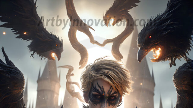 AI male art photos with a fantastical atmosphere. Imagine a Hogwarts School of Witchcraft student, from the Harry Potter series, a handsome, beautiful, and attractive, shirtless young teenage boy, standing firm against a threat. With a detailed Hogwarts castle background, casting a powerful spell, conjuring creatures based on their assigned house crest. From Demonic snakes, powerful lions, fierce badgers, or a murder of Crows. Dementors floating ominously in a cloudy sky, and sparks, shadows, and cinematic lighting, offering an otherworldly vibe.