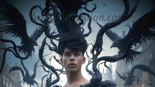 AI male art photos with a fantastical atmosphere. Imagine a Hogwarts School of Witchcraft student, from the Harry Potter series, a handsome, beautiful, and attractive, shirtless young teenage boy, standing firm against a threat. With a detailed Hogwarts castle background, casting a powerful spell, conjuring creatures based on their assigned house crest. From Demonic snakes, powerful lions, fierce badgers, or a murder of Crows. Dementors floating ominously in a cloudy sky, and sparks, shadows, and cinematic lighting, offering an otherworldly vibe.