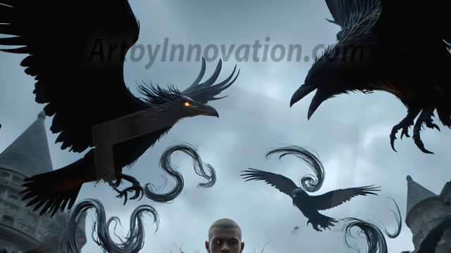 AI male art photos with a fantastical atmosphere. Imagine a Hogwarts School of Witchcraft student, from the Harry Potter series, a handsome, beautiful, and attractive, shirtless young teenage boy, standing firm against a threat. With a detailed Hogwarts castle background, casting a powerful spell, conjuring creatures based on their assigned house crest. From Demonic snakes, powerful lions, fierce badgers, or a murder of Crows. Dementors floating ominously in a cloudy sky, and sparks, shadows, and cinematic lighting, offering an otherworldly vibe.