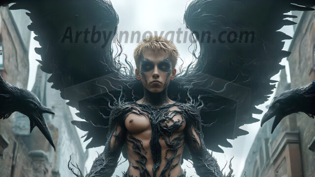 AI male art photos with a fantastical atmosphere. Imagine a Hogwarts School of Witchcraft student, from the Harry Potter series, a handsome, beautiful, and attractive, shirtless young teenage boy, standing firm against a threat. With a detailed Hogwarts castle background, casting a powerful spell, conjuring creatures based on their assigned house crest. From Demonic snakes, powerful lions, fierce badgers, or a murder of Crows. Dementors floating ominously in a cloudy sky, and sparks, shadows, and cinematic lighting, offering an otherworldly vibe.