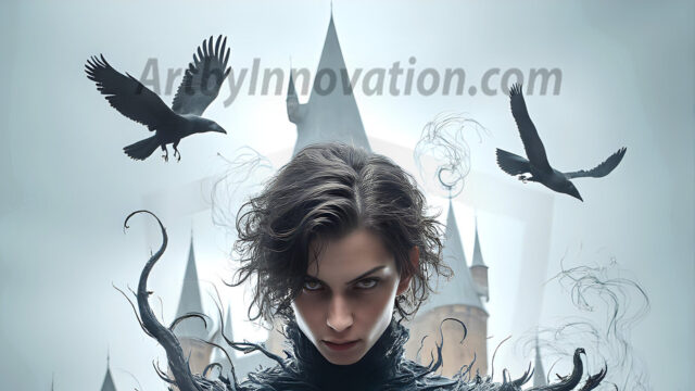 AI male art photos with a fantastical atmosphere. Imagine a Hogwarts School of Witchcraft student, from the Harry Potter series, a handsome, beautiful, and attractive, shirtless young teenage boy, standing firm against a threat. With a detailed Hogwarts castle background, casting a powerful spell, conjuring creatures based on their assigned house crest. From Demonic snakes, powerful lions, fierce badgers, or a murder of Crows. Dementors floating ominously in a cloudy sky, and sparks, shadows, and cinematic lighting, offering an otherworldly vibe.