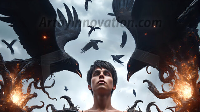 AI male art photos with a fantastical atmosphere. Imagine a Hogwarts School of Witchcraft student, from the Harry Potter series, a handsome, beautiful, and attractive, shirtless young teenage boy, standing firm against a threat. With a detailed Hogwarts castle background, casting a powerful spell, conjuring creatures based on their assigned house crest. From Demonic snakes, powerful lions, fierce badgers, or a murder of Crows. Dementors floating ominously in a cloudy sky, and sparks, shadows, and cinematic lighting, offering an otherworldly vibe.