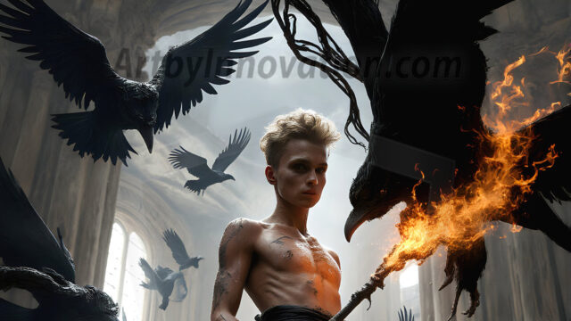 AI male art photos with a fantastical atmosphere. Imagine a Hogwarts School of Witchcraft student, from the Harry Potter series, a handsome, beautiful, and attractive, shirtless young teenage boy, standing firm against a threat. With a detailed Hogwarts castle background, casting a powerful spell, conjuring creatures based on their assigned house crest. From Demonic snakes, powerful lions, fierce badgers, or a murder of Crows. Dementors floating ominously in a cloudy sky, and sparks, shadows, and cinematic lighting, offering an otherworldly vibe.