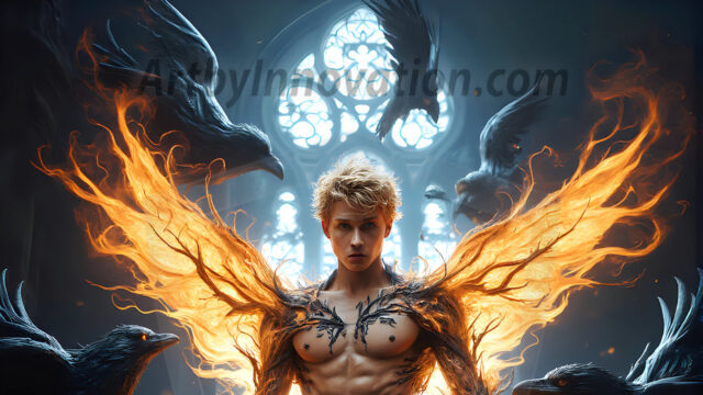 AI male art photos with a fantastical atmosphere. Imagine a Hogwarts School of Witchcraft student, from the Harry Potter series, a handsome, beautiful, and attractive, shirtless young teenage boy, standing firm against a threat. With a detailed Hogwarts castle background, casting a powerful spell, conjuring creatures based on their assigned house crest. From Demonic snakes, powerful lions, fierce badgers, or a murder of Crows. Dementors floating ominously in a cloudy sky, and sparks, shadows, and cinematic lighting, offering an otherworldly vibe.