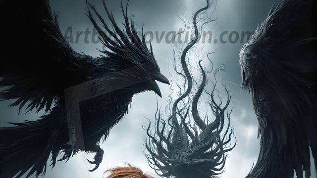 AI male art photos with a fantastical atmosphere. Imagine a Hogwarts School of Witchcraft student, from the Harry Potter series, a handsome, beautiful, and attractive, shirtless young teenage boy, standing firm against a threat. With a detailed Hogwarts castle background, casting a powerful spell, conjuring creatures based on their assigned house crest. From Demonic snakes, powerful lions, fierce badgers, or a murder of Crows. Dementors floating ominously in a cloudy sky, and sparks, shadows, and cinematic lighting, offering an otherworldly vibe.