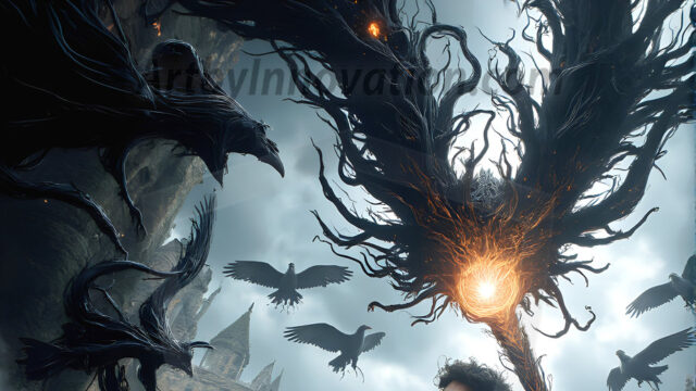 AI male art photos with a fantastical atmosphere. Imagine a Hogwarts School of Witchcraft student, from the Harry Potter series, a handsome, beautiful, and attractive, shirtless young teenage boy, standing firm against a threat. With a detailed Hogwarts castle background, casting a powerful spell, conjuring creatures based on their assigned house crest. From Demonic snakes, powerful lions, fierce badgers, or a murder of Crows. Dementors floating ominously in a cloudy sky, and sparks, shadows, and cinematic lighting, offering an otherworldly vibe.