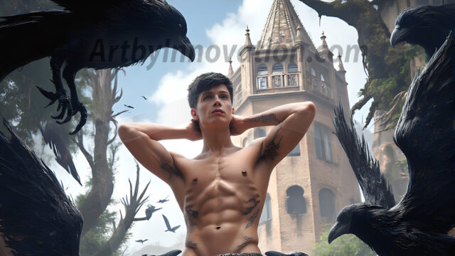 AI male art photos with a fantastical atmosphere. Imagine a Hogwarts School of Witchcraft student, from the Harry Potter series, a handsome, beautiful, and attractive, shirtless young teenage boy, standing firm against a threat. With a detailed Hogwarts castle background, casting a powerful spell, conjuring creatures based on their assigned house crest. From Demonic snakes, powerful lions, fierce badgers, or a murder of Crows. Dementors floating ominously in a cloudy sky, and sparks, shadows, and cinematic lighting, offering an otherworldly vibe.