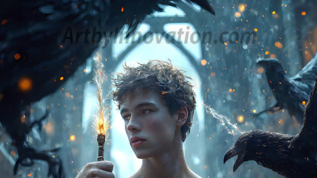 AI male art photos with a fantastical atmosphere. Imagine a Hogwarts School of Witchcraft student, from the Harry Potter series, a handsome, beautiful, and attractive, shirtless young teenage boy, standing firm against a threat. With a detailed Hogwarts castle background, casting a powerful spell, conjuring creatures based on their assigned house crest. From Demonic snakes, powerful lions, fierce badgers, or a murder of Crows. Dementors floating ominously in a cloudy sky, and sparks, shadows, and cinematic lighting, offering an otherworldly vibe.