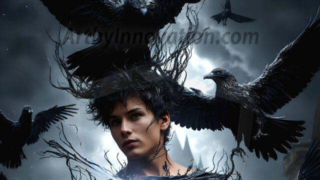 AI male art photos with a fantastical atmosphere. Imagine a Hogwarts School of Witchcraft student, from the Harry Potter series, a handsome, beautiful, and attractive, shirtless young teenage boy, standing firm against a threat. With a detailed Hogwarts castle background, casting a powerful spell, conjuring creatures based on their assigned house crest. From Demonic snakes, powerful lions, fierce badgers, or a murder of Crows. Dementors floating ominously in a cloudy sky, and sparks, shadows, and cinematic lighting, offering an otherworldly vibe.