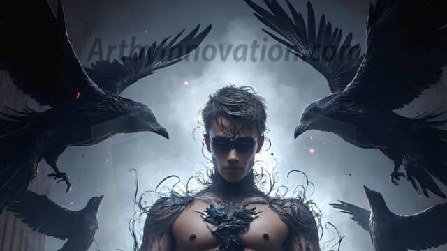 AI male art photos with a fantastical atmosphere. Imagine a Hogwarts School of Witchcraft student, from the Harry Potter series, a handsome, beautiful, and attractive, shirtless young teenage boy, standing firm against a threat. With a detailed Hogwarts castle background, casting a powerful spell, conjuring creatures based on their assigned house crest. From Demonic snakes, powerful lions, fierce badgers, or a murder of Crows. Dementors floating ominously in a cloudy sky, and sparks, shadows, and cinematic lighting, offering an otherworldly vibe.