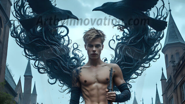 AI male art photos with a fantastical atmosphere. Imagine a Hogwarts School of Witchcraft student, from the Harry Potter series, a handsome, beautiful, and attractive, shirtless young teenage boy, standing firm against a threat. With a detailed Hogwarts castle background, casting a powerful spell, conjuring creatures based on their assigned house crest. From Demonic snakes, powerful lions, fierce badgers, or a murder of Crows. Dementors floating ominously in a cloudy sky, and sparks, shadows, and cinematic lighting, offering an otherworldly vibe.