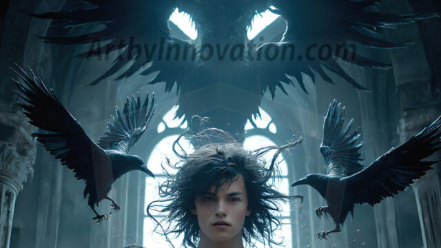 AI male art photos with a fantastical atmosphere. Imagine a Hogwarts School of Witchcraft student, from the Harry Potter series, a handsome, beautiful, and attractive, shirtless young teenage boy, standing firm against a threat. With a detailed Hogwarts castle background, casting a powerful spell, conjuring creatures based on their assigned house crest. From Demonic snakes, powerful lions, fierce badgers, or a murder of Crows. Dementors floating ominously in a cloudy sky, and sparks, shadows, and cinematic lighting, offering an otherworldly vibe.