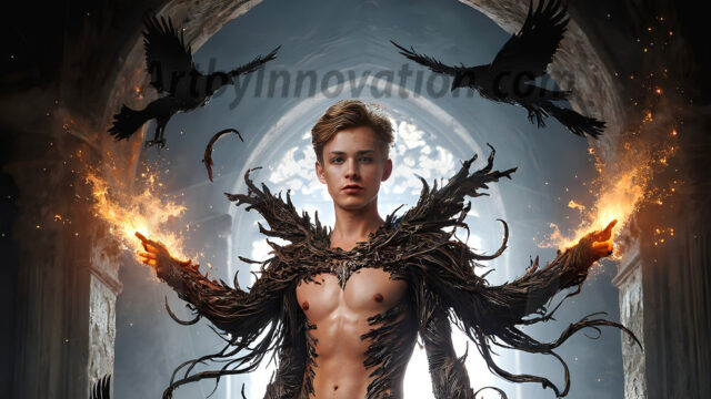 AI male art photos with a fantastical atmosphere. Imagine a Hogwarts School of Witchcraft student, from the Harry Potter series, a handsome, beautiful, and attractive, shirtless young teenage boy, standing firm against a threat. With a detailed Hogwarts castle background, casting a powerful spell, conjuring creatures based on their assigned house crest. From Demonic snakes, powerful lions, fierce badgers, or a murder of Crows. Dementors floating ominously in a cloudy sky, and sparks, shadows, and cinematic lighting, offering an otherworldly vibe.