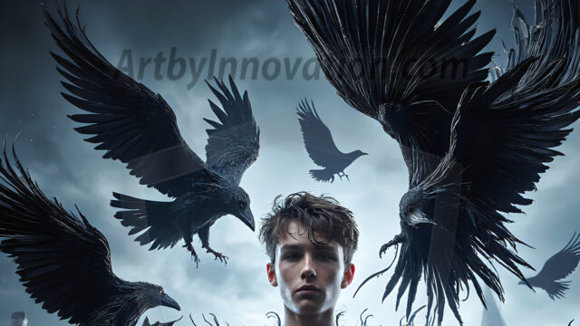 AI male art photos with a fantastical atmosphere. Imagine a Hogwarts School of Witchcraft student, from the Harry Potter series, a handsome, beautiful, and attractive, shirtless young teenage boy, standing firm against a threat. With a detailed Hogwarts castle background, casting a powerful spell, conjuring creatures based on their assigned house crest. From Demonic snakes, powerful lions, fierce badgers, or a murder of Crows. Dementors floating ominously in a cloudy sky, and sparks, shadows, and cinematic lighting, offering an otherworldly vibe.