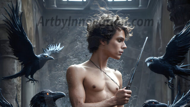 AI male art photos with a fantastical atmosphere. Imagine a Hogwarts School of Witchcraft student, from the Harry Potter series, a handsome, beautiful, and attractive, shirtless young teenage boy, standing firm against a threat. With a detailed Hogwarts castle background, casting a powerful spell, conjuring creatures based on their assigned house crest. From Demonic snakes, powerful lions, fierce badgers, or a murder of Crows. Dementors floating ominously in a cloudy sky, and sparks, shadows, and cinematic lighting, offering an otherworldly vibe.