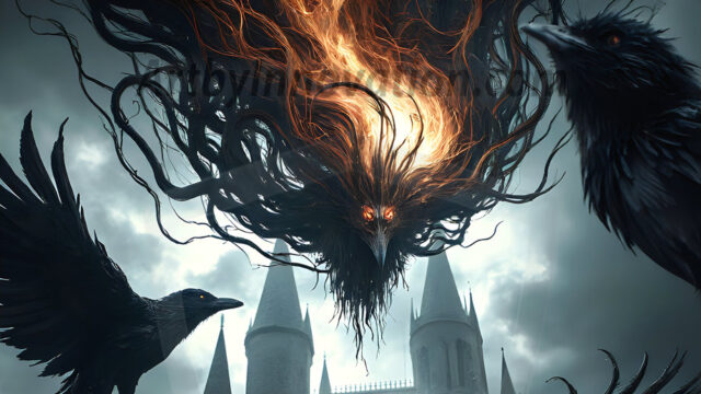 AI male art photos with a fantastical atmosphere. Imagine a Hogwarts School of Witchcraft student, from the Harry Potter series, a handsome, beautiful, and attractive, shirtless young teenage boy, standing firm against a threat. With a detailed Hogwarts castle background, casting a powerful spell, conjuring creatures based on their assigned house crest. From Demonic snakes, powerful lions, fierce badgers, or a murder of Crows. Dementors floating ominously in a cloudy sky, and sparks, shadows, and cinematic lighting, offering an otherworldly vibe.